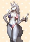  2018 absurd_res anthro bikini black_nose breasts canine chest_tuft clothing female flag_bikini fluffy fluffy_tail fur grey_fur gun hand_on_hip handgun hi_res holding_object inner_ear_fluff looking_at_viewer mammal navel pgm300 ranged_weapon simple_background solo standing swimsuit tuft united_states_of_america weapon wolf yellow_eyes 