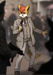  absurd_res anthro blurred_background canine clothed clothing fully_clothed fur group gun hair hi_res holding_object holding_weapon machine_gun male mammal necktie pgm300 photo_background ranged_weapon red_eyes red_hair solo_focus standing submachine_gun suit tan_fur trigger_discipline uzi weapon white_fur 