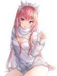  :p bangs between_legs blush breasts brown_eyes cleavage cleavage_cutout closed_mouth commentary_request eyebrows_visible_through_hair fate/grand_order fate_(series) hair_between_eyes hand_between_legs hand_up head_tilt hitsukuya long_hair long_sleeves medb_(fate)_(all) medb_(fate/grand_order) meme_attire open-chest_sweater pink_hair ribbed_sweater simple_background sitting smile solo sweater tongue tongue_out turtleneck turtleneck_sweater v-shaped_eyebrows very_long_hair white_background white_sweater 