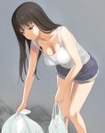  a1 black_eyes black_hair blouse breasts casual cleavage commentary_request denim denim_shorts feet_out_of_frame girls_und_panzer grey_background large_breasts leaning_forward long_hair nishizumi_shiho shorts simple_background sleeveless solo standing tareme trash_bag white_blouse 