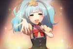  :d bangs blue_hair bow bowtie buttons eyebrows_visible_through_hair glint hair_ornament head_tilt holding holding_microphone hoshikawa_lily long_hair looking_at_viewer mary_(14476764) microphone open_mouth outstretched_hand ponytail puffy_short_sleeves puffy_sleeves reaching_out red_neckwear shirt short_sleeves sidelocks smile solo stage_lights star star_hair_ornament striped striped_neckwear suspenders upper_body upper_teeth wavy_hair wing_collar yellow_eyes yellow_shirt zombie_land_saga 