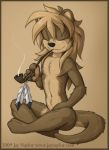  2009 anthro black_nose brown_fur conditional_dnp eyes_closed feathers fur haukaiu jay_naylor male mammal mustelid nude otter pipe sitting smoking solo url 