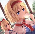  alice_margatroid apron arm_up blonde_hair blue_dress blue_eyes blurry border bow capelet cup depth_of_field dress drinking dutch_angle expressionless hair_between_eyes hair_bow headband hunya light_particles long_hair long_sleeves looking_at_viewer neck_ribbon red_ribbon ribbon shanghai_doll short_hair teacup touhou upper_body waist_apron white_capelet window 