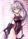  ahoge ass_visible_through_thighs bangs black_gloves black_jacket blinds blush breasts brown-framed_eyewear choker collarbone commentary_request competition_swimsuit covered_navel eyebrows_visible_through_hair fate/grand_order fate_(series) glasses gloves groin hair_between_eyes hand_on_hilt hand_on_sword highleg highleg_swimsuit highres indoors jacket jeanne_d'arc_(alter_swimsuit_berserker) jeanne_d'arc_(fate)_(all) katana kotatsu_(kotatsu358) large_breasts light_particles long_hair looking_at_viewer one-piece_swimsuit parted_lips ponytail purple_hair sheath shrug_(clothing) sidelocks skindentation solo swimsuit sword thigh_strap very_long_hair weapon yellow_eyes 