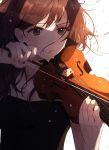  1girl brown_hair clenched_teeth collarbone crying crying_with_eyes_open dress floating_hair highres holding holding_instrument instrument long_hair music original playing_instrument sleeves solo sweat tears teeth ume_ryou umesuzu upper_body violin wet white_background 