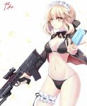  acog artoria_pendragon_(all) artoria_pendragon_(swimsuit_rider_alter) assault_rifle bikini black_bikini blonde_hair braid breasts brz bullpup cowboy_shot crown_braid fate/grand_order fate_(series) food frilled_bikini_top gun highres leg_garter maid_headdress medium_breasts popsicle rifle sa80 signature simple_background solo swimsuit weapon white_background yellow_eyes 