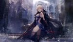 armpits artoria_pendragon_(all) artoria_pendragon_(swimsuit_rider_alter) bangs bare_arms black_coat black_dress black_gloves black_legwear blonde_hair braid breasts city city_lights cityscape cleavage coat commentary_request crown dress dual_wielding fate/grand_order fate_(series) feet_out_of_frame gloves grey_sky highleg highleg_panties highres holding holding_sword holding_weapon jacket_on_shoulders light_smile long_sleeves looking_at_viewer navel_cutout open_clothes open_coat outdoors panties parted_lips pelvic_curtain railing rain short_hair sleeveless sleeveless_dress small_breasts solo standing standing_on_one_leg sword thighhighs thighs thkani underwear water weapon wide_shot yellow_eyes 