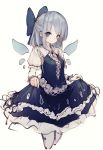  absurdres adapted_costume blue_eyes blue_hair bow cirno flower frills hair_bow highres hito_komoru pale_skin petticoat short_hair simple_background sketch skirt skirt_hold skirt_set solo touhou white_background white_flower wrist_cuffs 