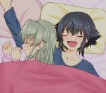  alternate_hairstyle anchovy bed blush closed_eyes collarbone from_above girls_und_panzer green_hair hair_down happy long_hair lying multiple_girls on_back on_bed on_side open_mouth pepperoni_(girls_und_panzer) pillow ruka_(piyopiyopu) sleeping sleepwear under_covers 