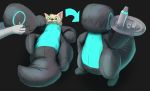  2018 anthro biped black_background black_nose brainwashing cat clothed clothing costume digital_drawing_(artwork) digital_media_(artwork) duo feline fur green_eyes hi_res male mammal plushsuit r&auml;ter sequence sexotheque simple_background solo_focus tan_fur tray waterbot 