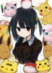  :d akky_(akimi1127) bangs baseball_cap black_eyes black_hair black_shirt blue_eyes breasts closed_eyes collared_shirt commentary_request eevee eyebrows_visible_through_hair facing_viewer gen_1_pokemon hair_between_eyes hair_bobbles hair_ornament hat highres jigglypuff looking_at_viewer open_mouth original parted_lips pikachu poke_ball poke_ball_(generic) pokemon pokemon_(creature) shirt sidelocks simple_background sketch small_breasts smile translation_request two_side_up white_background 