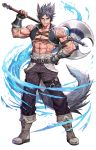  abs absurdres animal_ears axe belt black_gloves black_hair black_legwear black_pants blue_eyes boots chest facial_scar full_body gatz_(teria_saga) gloves hand_on_hip highres holding holding_axe looking_at_viewer male_focus midriff muscle nose_scar official_art over_shoulder pants scar spiked_hair standing tail teria_saga thighhighs water white_background wolf_ears wolf_tail 
