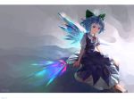  abstract_background barefoot blue_dress blue_eyes blue_hair bow cirno commentary dated dress english english_commentary gradient gradient_background hair_bow head_tilt light_particles looking_at_viewer neck_ribbon outstretched_leg pinafore_dress prism puffy_short_sleeves puffy_sleeves red_neckwear ribbon riki6 shirt short_hair short_sleeves signature sitting smile solo touhou white_shirt wing_collar wings 
