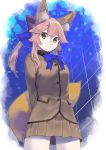  absurdres animal_ears arms_behind_back blue_bow bow bowtie brown_eyes brown_jacket brown_skirt cowboy_shot eyebrows_visible_through_hair fate/extra fate_(series) fox_ears fox_tail from_behind hair_between_eyes hair_bow highres jacket kaerude123 long_hair looking_at_viewer miniskirt pink_hair pleated_skirt red_bow school_uniform shiny shiny_hair skirt smile solo standing tail tamamo_(fate)_(all) tamamo_no_mae_(fate) tsukumihara_academy_uniform_(fate/extra_ccc) 