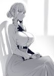  ascot belt braid breasts carmilla_(fate/grand_order) chair closed_mouth eyebrows_visible_through_hair fate/grand_order fate_(series) fingernails french_braid from_side glasses greyscale high-waist_skirt highres large_breasts long_fingernails long_sleeves looking_at_viewer monochrome nakamura_regura pince-nez sharp_fingernails shirt sitting skirt solo 