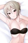  armpits arms_behind_head arms_up bandeau bangs bare_shoulders black_eyes blush breasts cleavage closed_mouth collarbone commentary_request earrings gomashi_(goma) grey_hair hair_between_eyes highres idolmaster idolmaster_cinderella_girls jewelry looking_at_viewer lying medium_breasts on_back parted_bangs shiomi_shuuko short_hair smile solo 