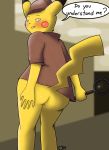  2018 5_fingers absurd_res ambiguous_gender anthro bedroom_eyes black_nose blush bottomless butt clothed clothing detective_pikachu dialogue directed_to_viewer english_text first_person_view half-closed_eyes hand_on_butt hat hi_res jacket magnifying_glass mammal nintendo pikachu pok&eacute;mon pok&eacute;mon_(species) presenting presenting_hindquarters rodent seductive sepia_background smile smirk solo speech_bubble text theunokcringe video_games 