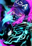  \m/ akali blue_hat code-aa commentary_request hand_up hat highres hood hood_down hoodie k/da_(league_of_legends) k/da_akali league_of_legends long_hair looking_at_viewer mask peaked_cap pink_hair solo upper_body yellow_eyes 