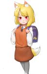  animal_ear_fluff animal_ears backpack bag bangs blonde_hair cc_c0c0 commentary_request cookie_(touhou) eyebrows_visible_through_hair fox_ears fox_tail hands_on_own_chest kneehighs long_sleeves looking_at_viewer miramikaru_riran neck_ribbon randoseru red_eyes ribbed_sweater ribbon school_uniform short_hair skirt smile solo sweater sweater_vest tail touhou 