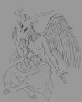  5_fingers anthro areola baphomet breasts caprine claws clothed clothing crossed_legs demon dickgirl digital_media_(artwork) ears_back erection fangs feathered_wings feathers frown fur goat grey_background hooves horizontal_pupils horn humanoid_penis intersex looking_away mammal middry monochrome open_mouth partially_clothed penis pentagram reptile scalie simple_background sitting sketch skirt snake snout solo teeth wings 