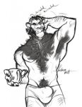  body_hair bulge chest_hair clothing coffee_mug felid furlana_(artist) lion male mammal monochrome pantherine smoking solo underwear 