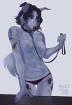  anthro breasts canid canine canis clothing collar domestic_dog female hair leash looking_at_viewer mammal nipple_bulge plgdd sheer_clothing simple_background smile solo spots standing translucent transparent_clothing white_background wide_hips 