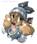  2010 anthro beverage black_nose blush canid canine canis clothed clothing conditional_dnp cup domestic_dog female gloves hair hat hot_chocolate jay_naylor mammal marshmallow scarf snow snowing solo trixie_(jay_naylor) url 