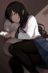  black_hair black_legwear blue_sailor_collar blue_skirt cellphone closed_eyes dakimakura_(object) holding holding_phone long_hair long_sleeves lying miniskirt neckerchief on_side open_mouth original pantyhose phone pillow pillow_hug pleated_skirt red_neckwear sailor_collar school_uniform serafuku shirt skirt sleeping smartphone solo tears very_long_hair white_shirt yoshihiro12190 