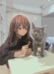  :3 arm_support blush brown_eyes brown_hair cat commentary dated heterochromia highres indoors leaning_forward long_hair looking_at_another mole mole_under_eye original shadow signature sitting sketch solo table tifg39 