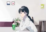  black_hair blue_eyes chair chin_rest closed_mouth commentary_request dot_nose food from_side gumi. highres ice_cream ice_cream_spoon long_sleeves looking_at_viewer looking_to_the_side original painting_(object) polka_dot ponytail sitting smile solo spoon table 