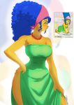  bandana big_hair blue_hair breasts curvy dress earrings green_dress green_eyes hand_on_hip highres inset jewelry large_breasts lips long_hair looking_to_the_side marge_simpson mature necklace no_bra nose pearl_necklace shiny shiny_skin side_slit sidelocks solo standing strapless strapless_dress stud_earrings the_simpsons tovio_rogers wide_hips yellow_skin 