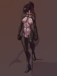  2018 absurd_res anthro areola armwear boots breasts clothing collar digital_media_(artwork) elbow_gloves female fish footwear gas_mask gloves hi_res high_heels ldr legwear marine mask navel nipple_piercing nipples piercing ponytail purple_eyes pussy scar shark shoes simple_background solo standing thigh_high_boots 