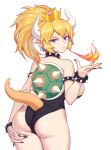  absurdres ass ass_grab bare_shoulders black_collar black_leotard black_nails blonde_hair blue_earrings blue_eyes bowsette bracelet breasts breathing_fire collar crown deep_skin earrings fingernails fire from_behind high_ponytail highres horns jewelry large_breasts leotard long_hair looking_at_viewer mario_(series) nail_polish new_super_mario_bros._u_deluxe pointy_ears sharp_fingernails shiny shiny_hair shiny_skin sideboob solo spiked_armlet spiked_bracelet spiked_collar spiked_shell spiked_tail spikes strapless strapless_leotard super_crown super_mario_bros. tail turtle_shell yuanye 
