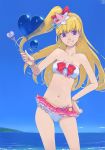  akinbo_(hyouka_fuyou) bangs bikini blonde_hair blue_sky bow bracelet collarbone contrapposto cure_miracle day earrings floating_hair grin hair_bow hand_on_hip hat highres holding holding_wand jewelry long_hair looking_at_viewer mahou_girls_precure! mini_hat navel ocean outdoors pink_hat precure purple_eyes red_bow side_ponytail sky smile solo standing strapless strapless_bikini swimsuit very_long_hair wand white_bikini witch_hat 