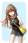  arms_behind_back bag blue_(pokemon) blue_background blush border brown_eyes brown_hair commentary contrapposto highres leaning_forward long_hair messenger_bag open_mouth pokemon pokemon_(game) pokemon_lgpe redpoke shorts shoulder_bag simple_background smile solo tank_top 