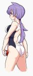  ahoge ass breasts bright_pupils commentary_request competition_swimsuit cowboy_shot earrings eyebrows_visible_through_hair grey_background highres jewelry large_breasts lila_(pokemon) long_hair looking_back low_ponytail one-piece_swimsuit parted_lips poke_ball pokemon pokemon_(game) pokemon_sm profile purple_eyes purple_hair sakuraidai simple_background smile solo stud_earrings swimsuit white_pupils 