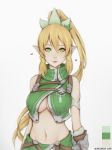  absurdres artist_name bare_shoulders belt blonde_hair braid breasts chest_strap elf green_eyes hair_between_eyes hair_ornament heart highres large_breasts leafa light_smile liya_nikorov long_hair looking_at_viewer midriff navel no_bra pointy_ears ponytail red_lips sword_art_online twin_braids underboob very_long_hair 