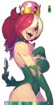  bare_shoulders breasts cleavage cowboy_shot crown fengmo from_side gloves green_gloves green_leotard hair_over_one_eye highleg highleg_leotard highres large_breasts leaf leotard long_hair looking_at_viewer mario_(series) multicolored_hair new_super_mario_bros._u_deluxe open_mouth pipe piranha_plant ponytail red_eyes red_hair sharp_teeth simple_background smile solo streaked_hair super_crown super_mario_bros. teeth tongue tongue_out white_background white_hair 