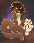  azu barefoot bulge bunsanity_(artist) clothing coy crop_top dreadlocks duo facial_piercing feet girly hindpaw lizard male nose_piercing nose_ring overweight paws piercing playful reptile scalie shirt slightly_chubby soles thong toes voluptuous 
