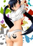  ass ass_tattoo black_hair blush breasts butt_crack commentary_request embarrassed ling_xiaoyu looking_back medium_breasts no_bra open_mouth panda panties sengoku_rokurou shirt shirt_lift sideboob skindentation solo sweatdrop t-shirt tattoo tekken twintails underwear undressing white_panties yellow_eyes 