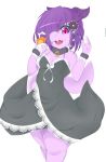  2018 anthro clothing collar covered_eye digital_media_(artwork) female flat_chested fluffbug hair hair_decoration horn kobold looking_at_viewer mammal purple_eyes purple_hair purple_skin smile solo thick_thighs waving 