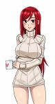  arms_under_breasts black_eyes breasts commentary cowboy_shot cup english_commentary erza_scarlet eyebrows_visible_through_hair fairy_tail heart heart_print large_breasts long_hair looking_at_viewer red_hair ribbed_sweater smile solo sweater thighs turtleneck turtleneck_sweater twrlare very_long_hair white_sweater 