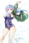  arm_up blue_hair blue_swimsuit breasts character_name commentary_request dated feet_out_of_frame fur-trimmed_jacket fur_trim green_jacket hair_ribbon highres i-19_(kantai_collection) jacket kantai_collection large_breasts long_hair looking_at_viewer name_tag one-piece_swimsuit red_eyes ribbon school_swimsuit solo star swimsuit tororo_ten tri_tails twintails twitter_username 