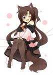  ;d animal_ear_fluff animal_ears bangs blush breasts brown_eyes brown_hair brown_legwear brown_scrunchie commentary_request dress eyebrows_visible_through_hair fang full_body hair_between_eyes hair_ornament hair_scrunchie head_tilt heart highres imaizumi_kagerou long_hair long_sleeves no_shoes off-shoulder_dress off_shoulder one_eye_closed one_side_up open_mouth pantyhose pink_dress scrunchie sitting small_breasts smile solo tail totoharu_(kujirai_minato) touhou very_long_hair wide_sleeves wolf_ears wolf_girl wolf_tail 