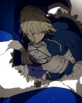  armor armored_dress artoria_pendragon_(all) blonde_hair blue_cape blue_dress blue_eyes blurry_foreground breastplate cape closed_mouth commentary_request dress fate/stay_night fate_(series) fur_trim green_eyes hiiragi_fuyuki juliet_sleeves long_sleeves puffy_sleeves saber simple_background solo white_background 