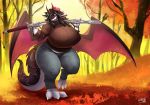  anthro clothed clothing dragon female forest horn katana looking_at_viewer melee_weapon ocaritna outside overweight overweight_female solo standing sword tree weapon wings 