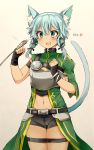  :3 animal_ears armor bangs belt blue_eyes blue_hair blush cat_ears cat_tail drawfag hair_between_eyes hair_ornament highres navel open_mouth paw_pose simple_background sinon sinon_(sao-alo) smile solo sword_art_online tail 
