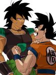  :d armor arms_at_sides black_eyes black_hair broly_(dragon_ball_super) clenched_hands close-up clothes_writing dougi dragon_ball dragon_ball_super dragon_ball_super_broly expressionless facing_away frown happy height_difference jewelry looking_at_another looking_down looking_up male_focus multiple_boys necklace open_mouth profile serious shaded_face simple_background smile son_gokuu spiked_hair standing upper_body white_background wristband 