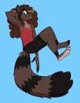  anthro azu barefoot big_hair claws clothing curly feet girly green_eyes hair hindpaw male mammal paws pinup pose procyonid raccoon shirt shorts smile soles tank_top toes 