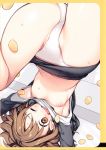  absurdres aho_chan armpits arms_up blush breasts brown_eyes brown_hair cameltoe chips food giuniu highres leg_up midriff miniskirt navel nipples no_bra open_mouth original panties ponytail potato_chips scan shirt_lift skirt small_breasts solo sweat underwear upside-down white_panties wince 